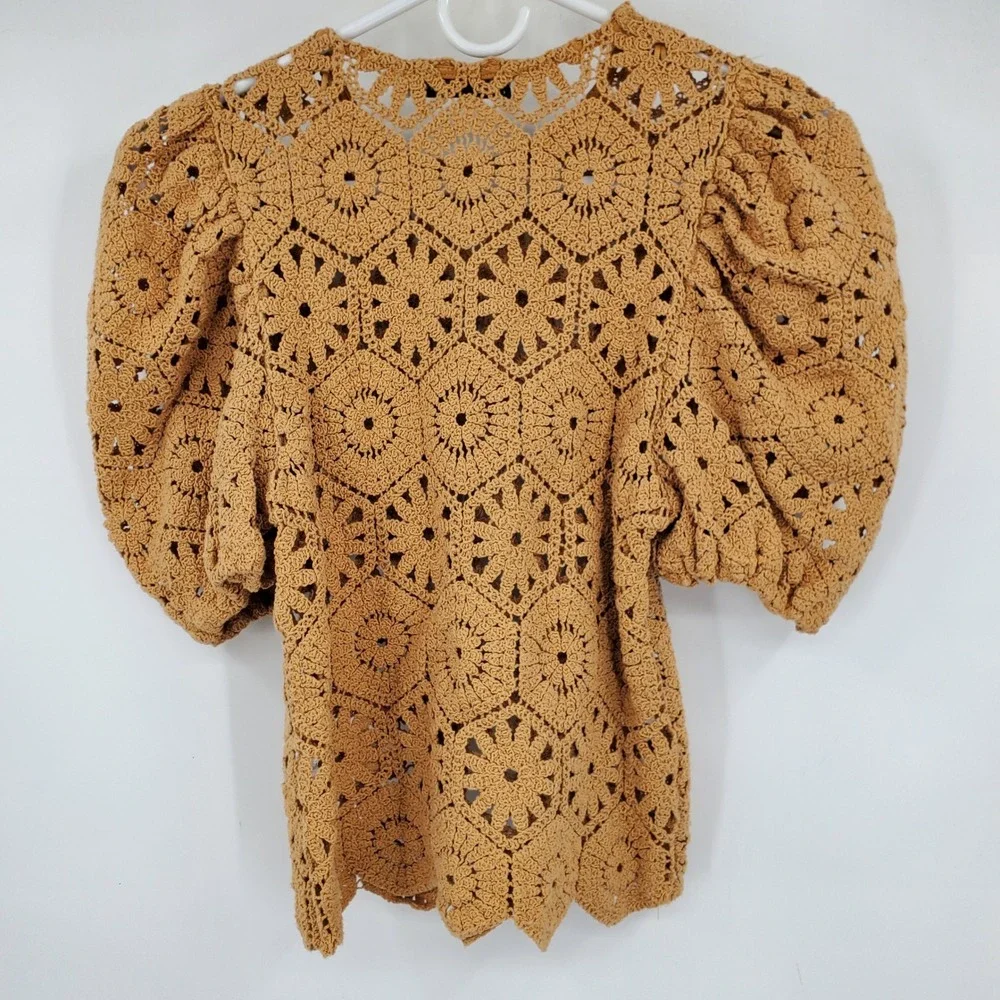 Zara Mustard Crochet Puff Sleeve Top